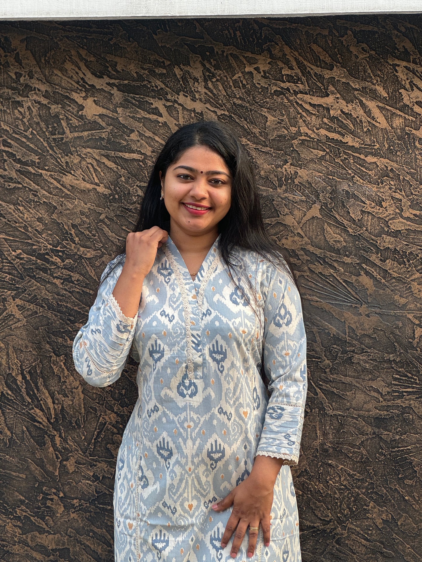 Pastel Blue Floral Khadi Cotton Kurta Top - A1024