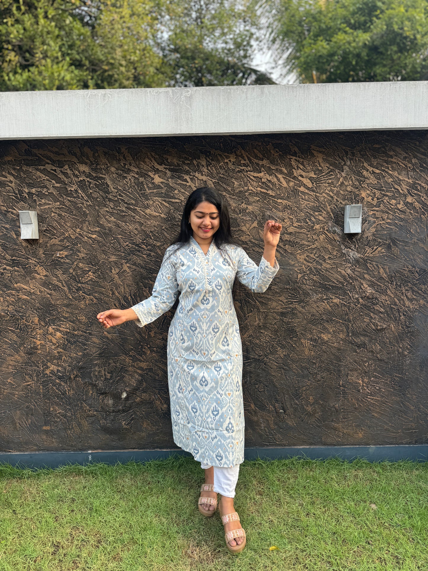 Pastel Blue Floral Khadi Cotton Kurta Top - A1024