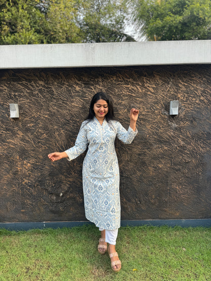 Pastel Blue Floral Khadi Cotton Kurta Top - A1024