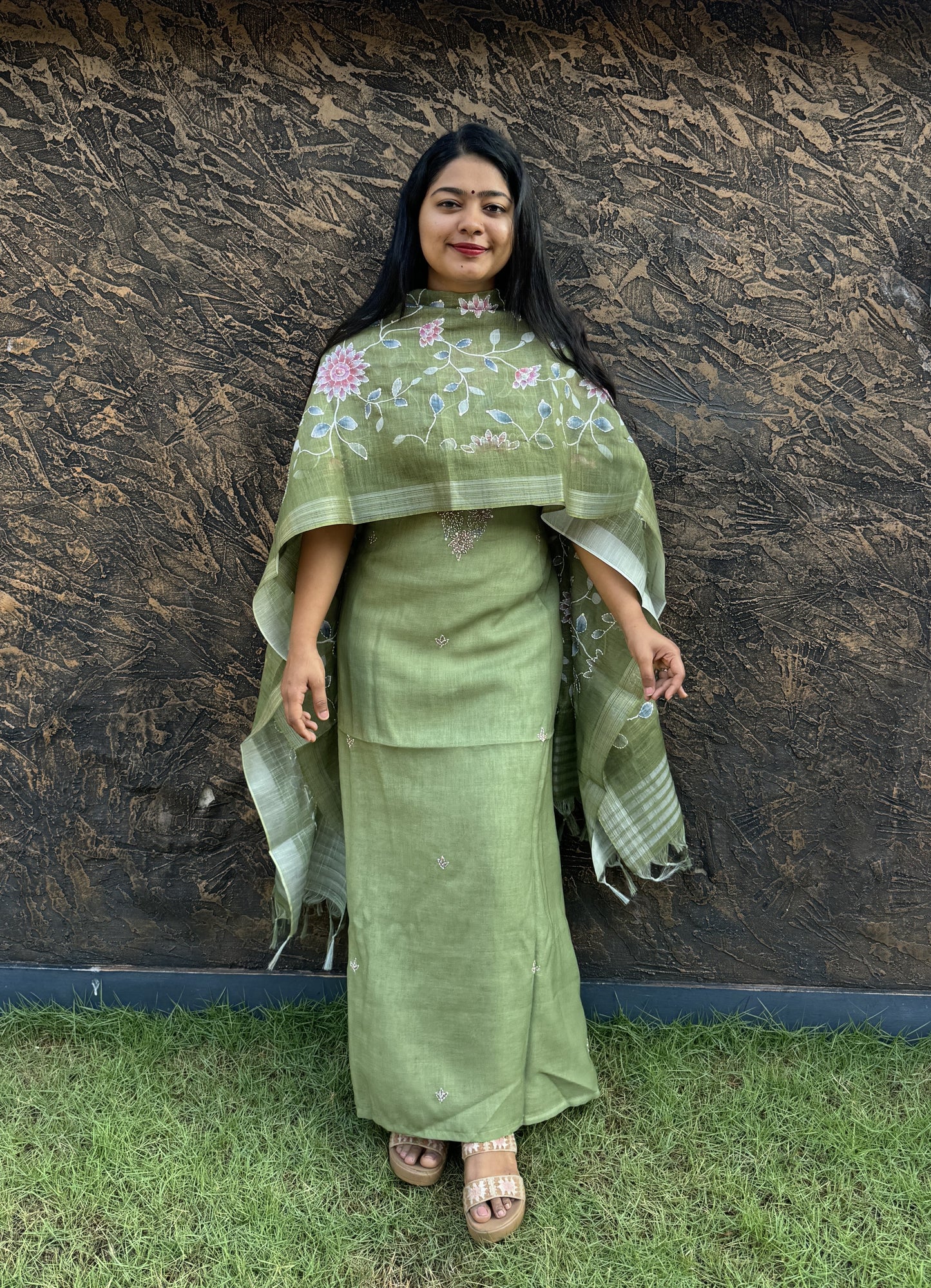 Elegant Pastel Green Linen Cotton 3-Piece Unstitched Salwar Suit- A1022