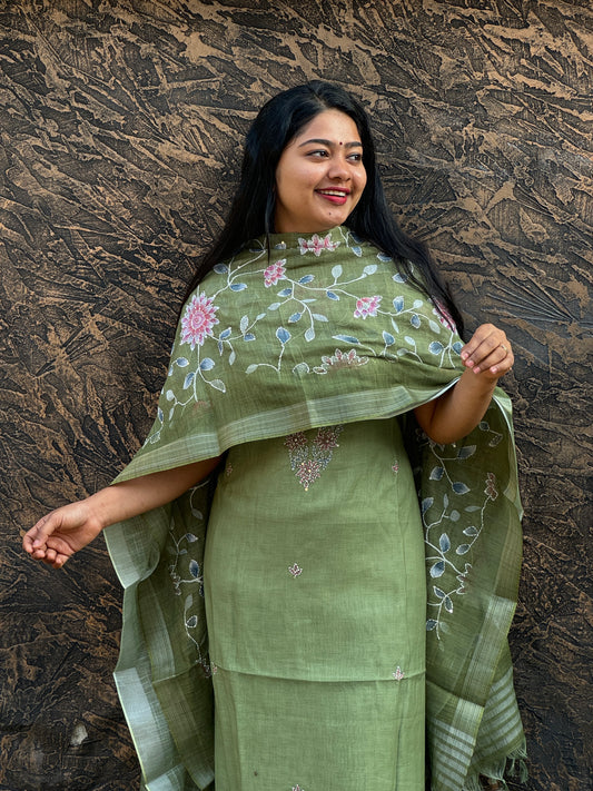 Elegant Pastel Green Linen Cotton 3-Piece Unstitched Salwar Suit- A1022