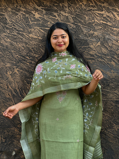 Elegant Pastel Green Linen Cotton 3-Piece Unstitched Salwar Suit- A1022