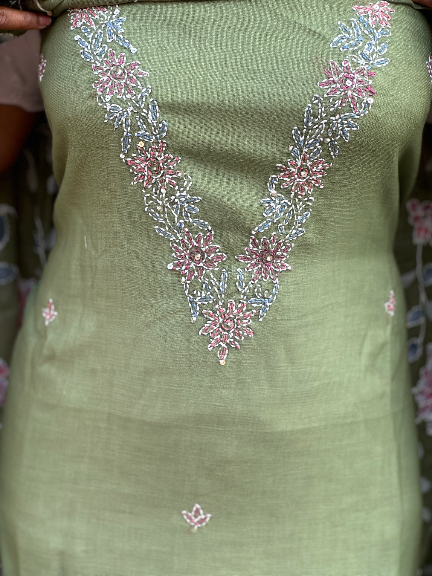 Elegant Pastel Green Linen Cotton 3-Piece Unstitched Salwar Suit- A1022