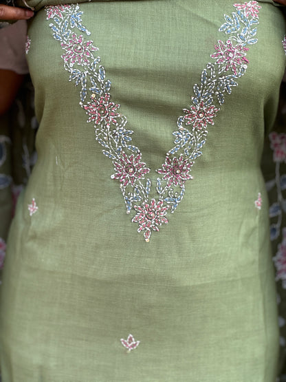Elegant Pastel Green Linen Cotton 3-Piece Unstitched Salwar Suit- A1022