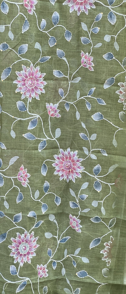 Elegant Pastel Green Linen Cotton 3-Piece Unstitched Salwar Suit- A1022