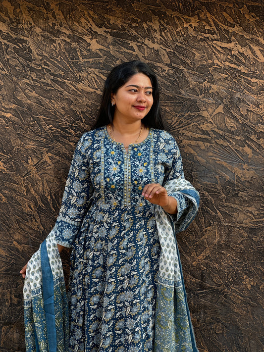 Blue floral print soft Cotton Anarkali Salwar Set - A1023