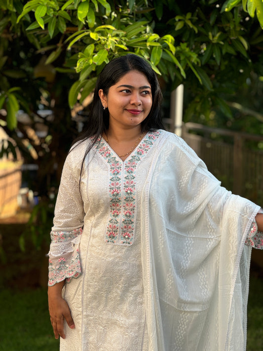 Elegant White Pure Cotton and Hakoba 3 Piece Salwar Suit - A1021