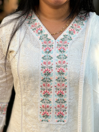 Elegant White Pure Cotton and Hakoba 3 Piece Salwar Suit - A1021