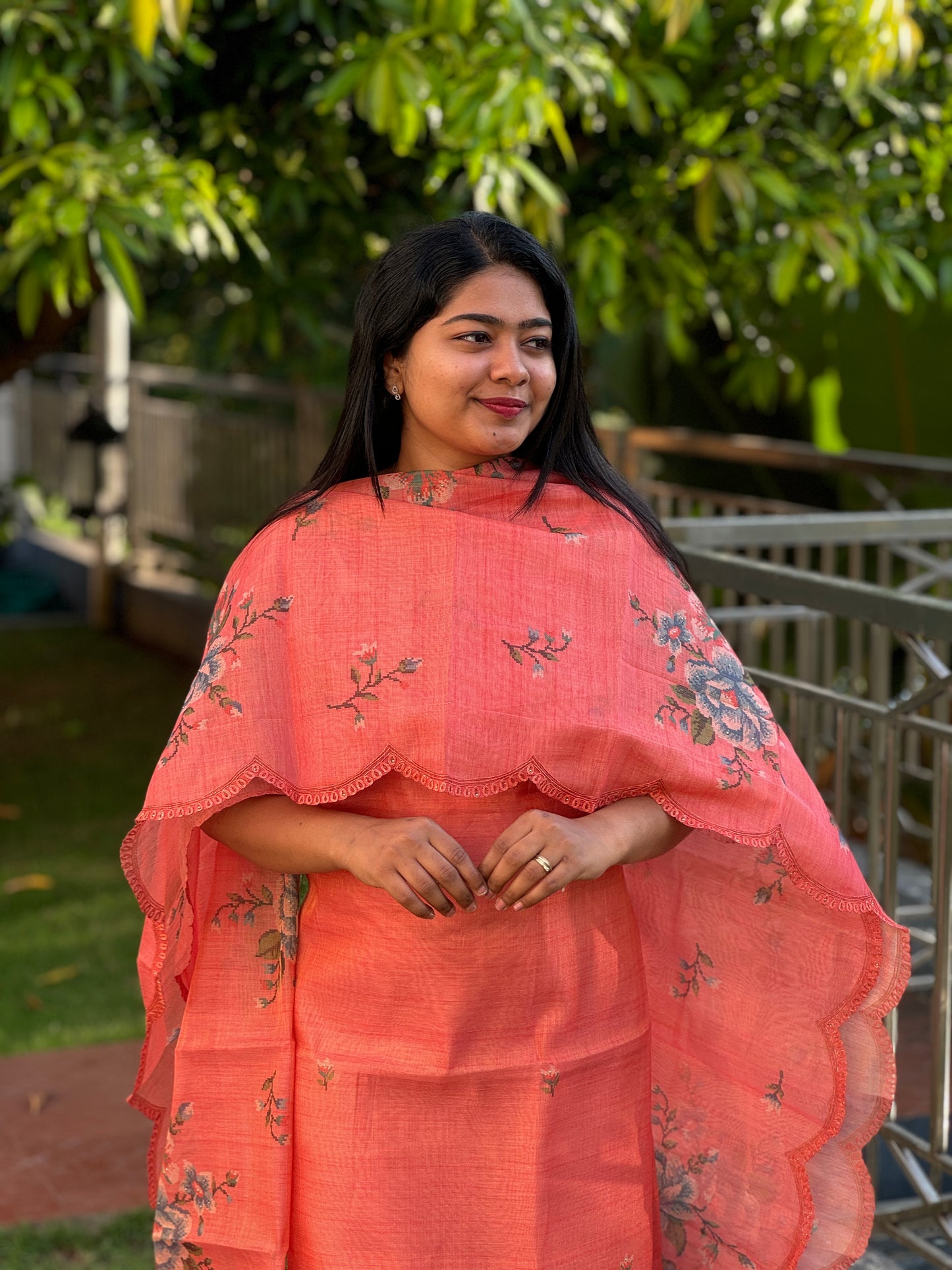 Peach Linen Tissue 3-Piece Unstitched Salwar Suit- A1012