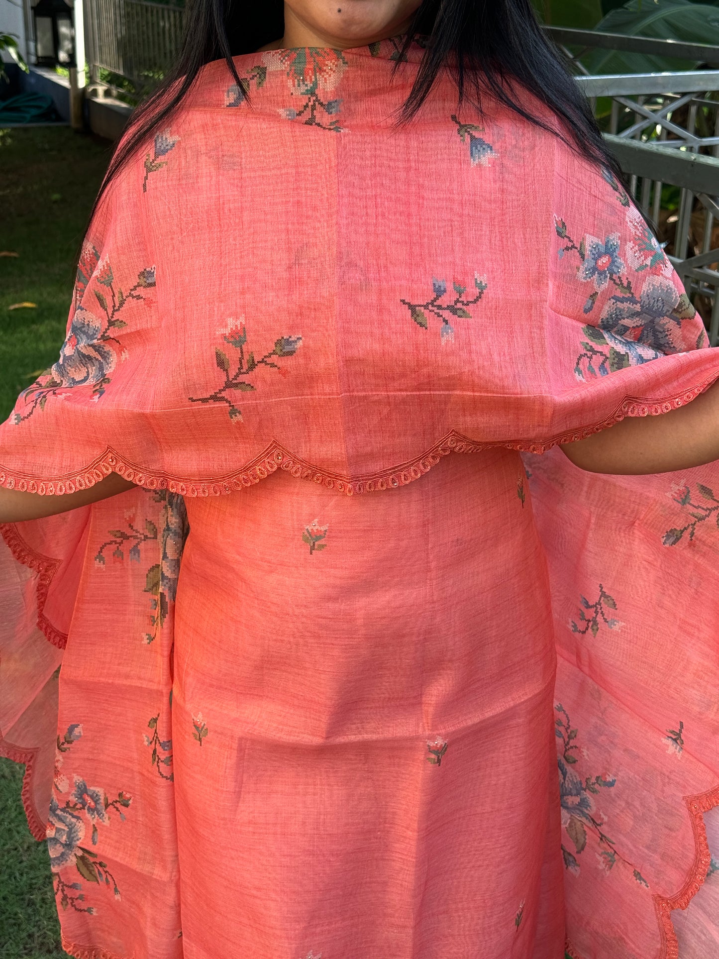 Peach Linen Tissue 3-Piece Unstitched Salwar Suit- A1012