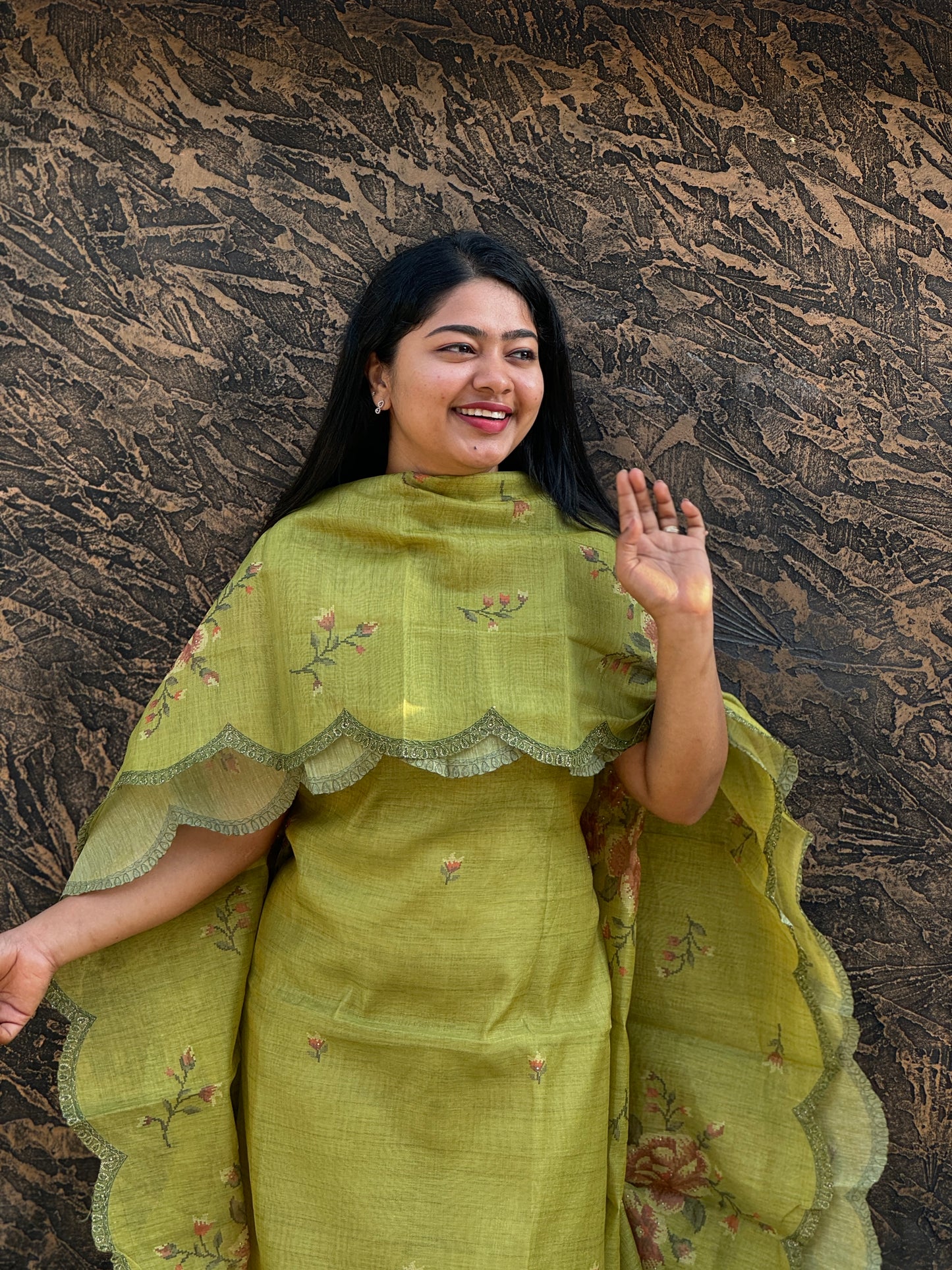 Olive Green Linen Tissue 3-Piece Unstitched Salwar Suit- A1012