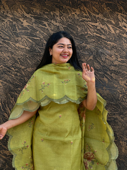 Olive Green Linen Tissue 3-Piece Unstitched Salwar Suit- A1012