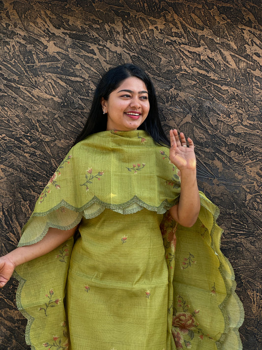 Olive Green Linen Tissue 3-Piece Unstitched Salwar Suit- A1012