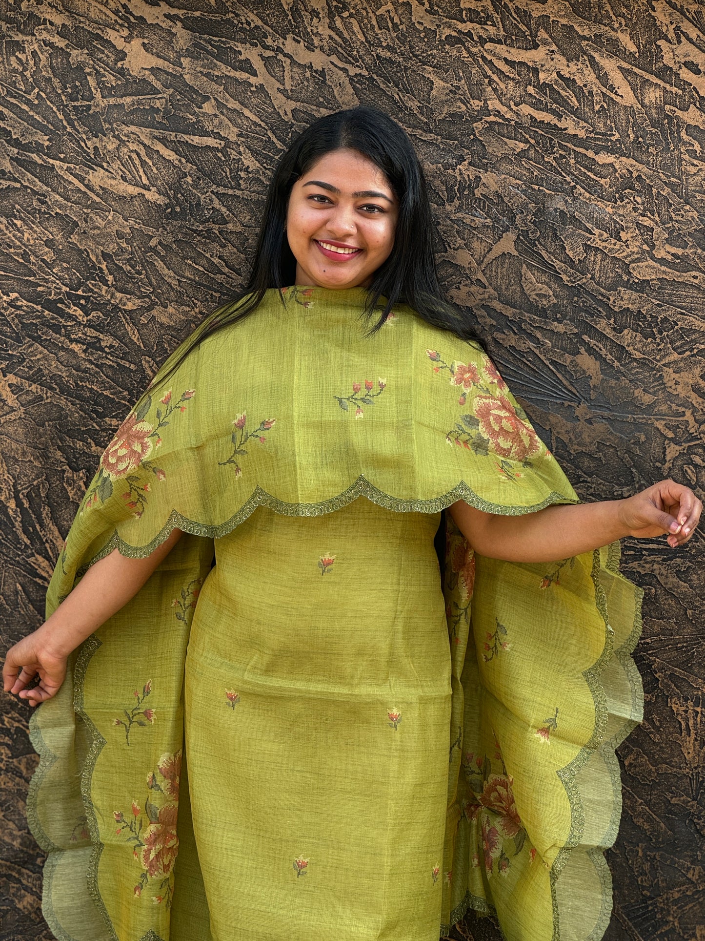 Olive Green Linen Tissue 3-Piece Unstitched Salwar Suit- A1012