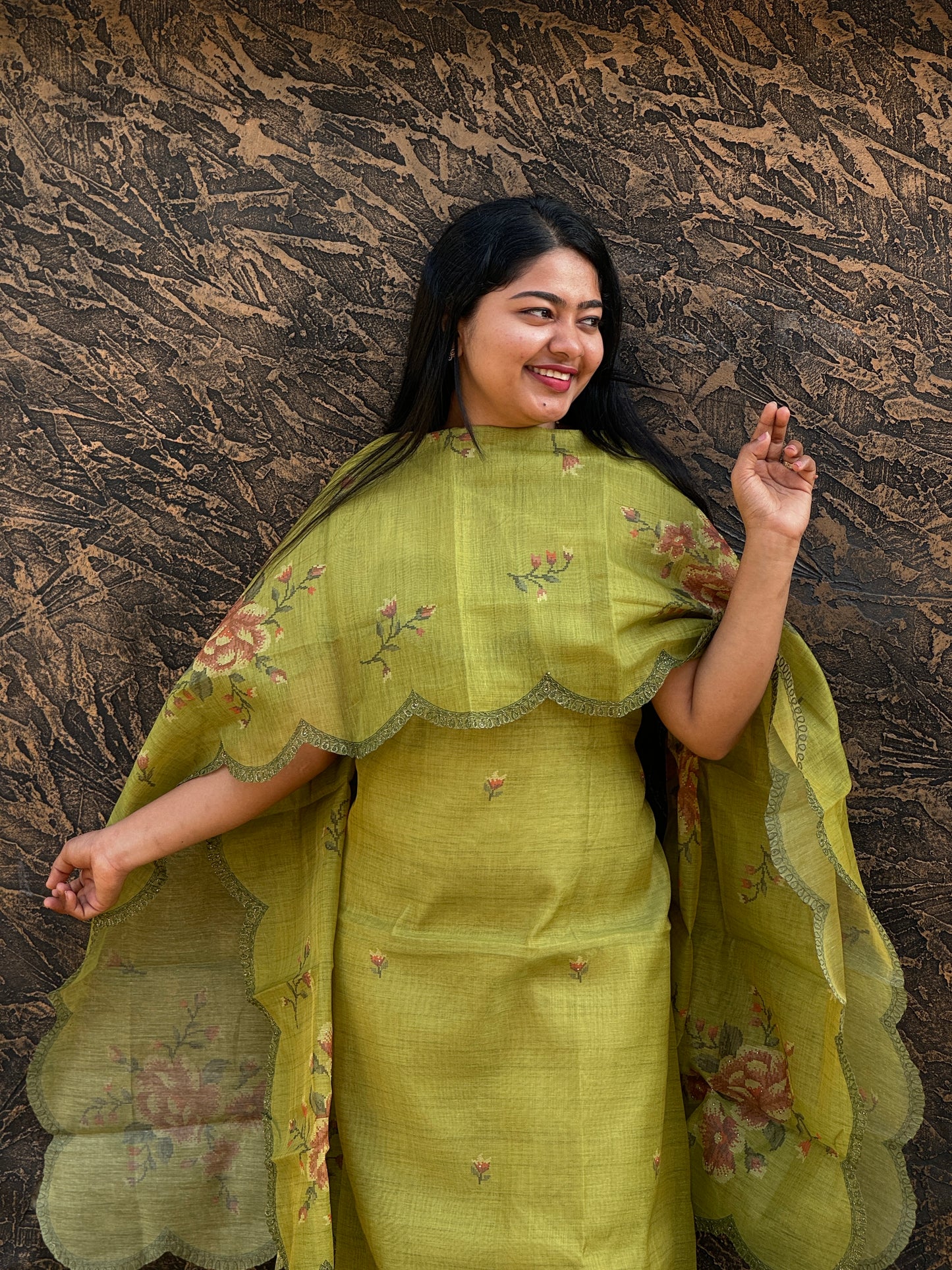 Olive Green Linen Tissue 3-Piece Unstitched Salwar Suit- A1012