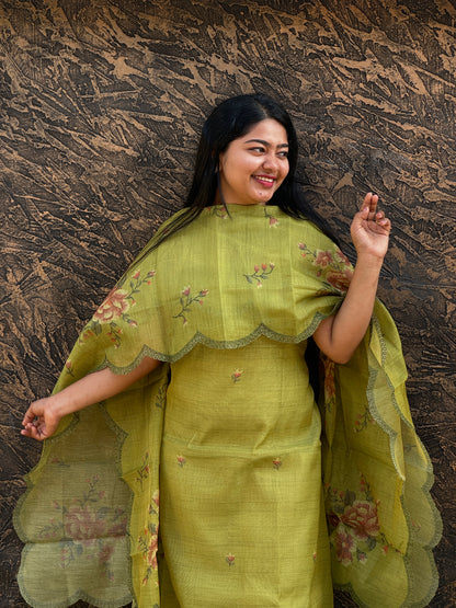 Olive Green Linen Tissue 3-Piece Unstitched Salwar Suit- A1012