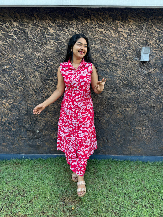 Rani Pink 2 piece Cotton Co-ord Set in Batik Print-A1019