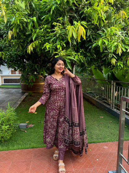 Elegant Wine-Colored Pure Cotton 3-Piece Salwar Suit with Floral Design-A1018