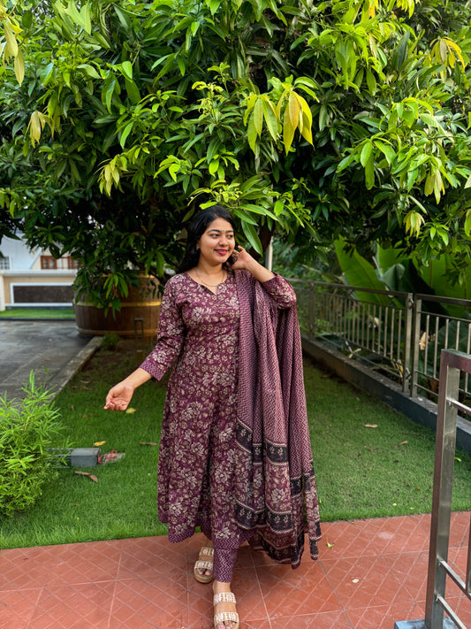 Elegant Wine-Colored Pure Cotton 3-Piece Salwar Suit with Floral Design-A1018