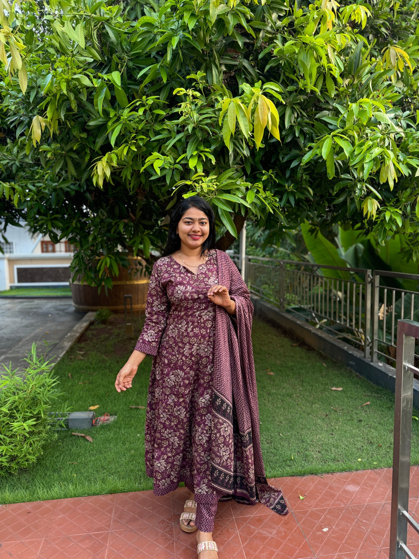 Elegant Wine-Colored Pure Cotton 3-Piece Salwar Suit with Floral Design-A1018