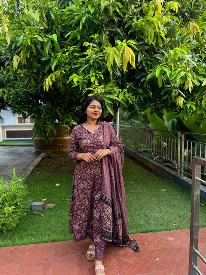 Elegant Wine-Colored Pure Cotton 3-Piece Salwar Suit with Floral Design-A1018