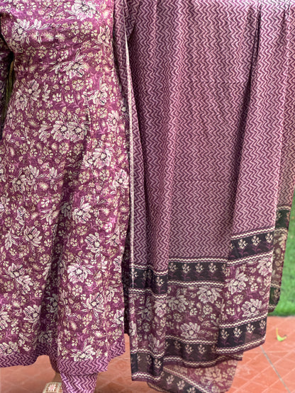 Elegant Wine-Colored Pure Cotton 3-Piece Salwar Suit with Floral Design-A1018