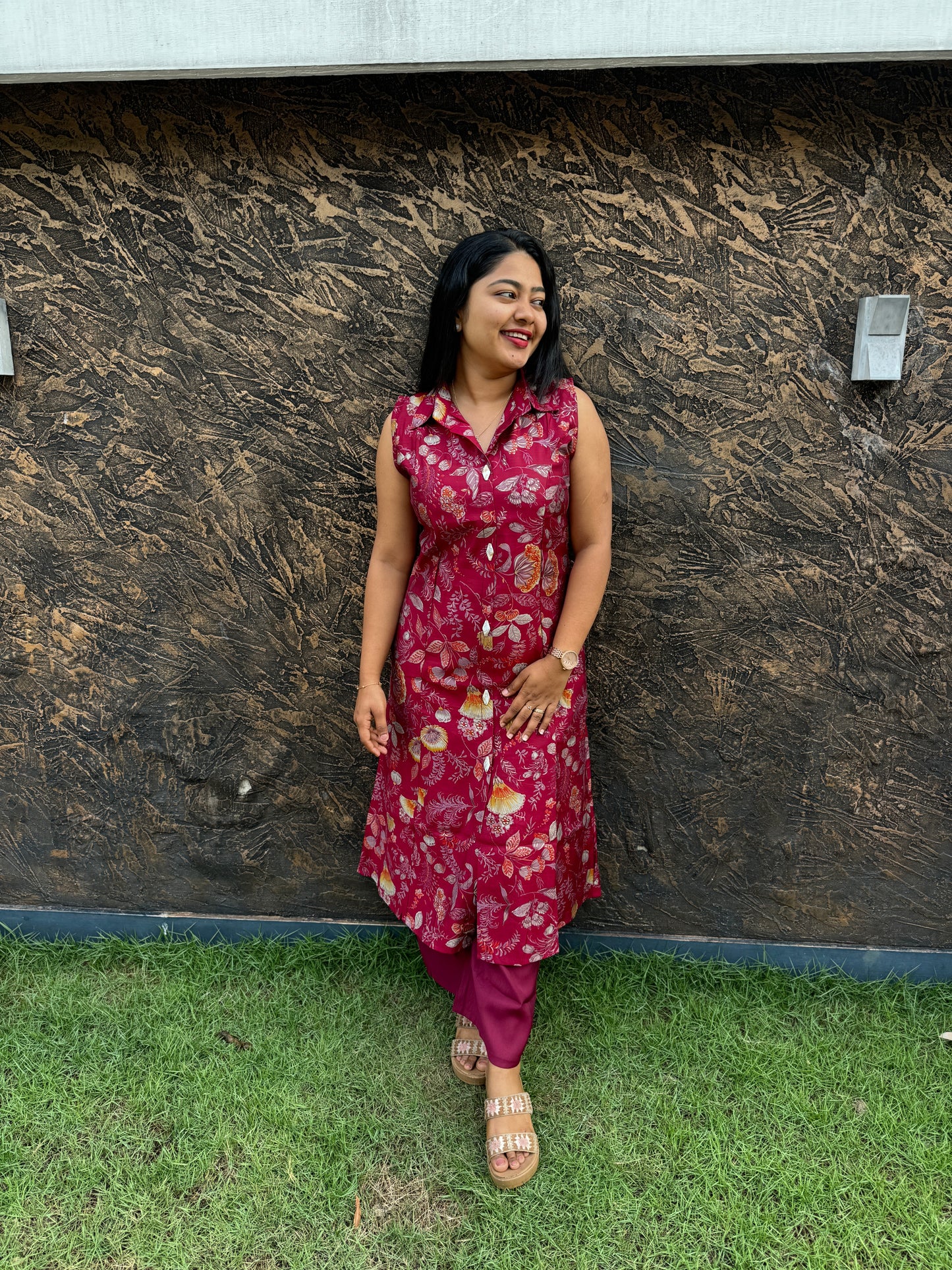 Maroon 2 piece Sleeveless Cotton Co-ord Set- A1008