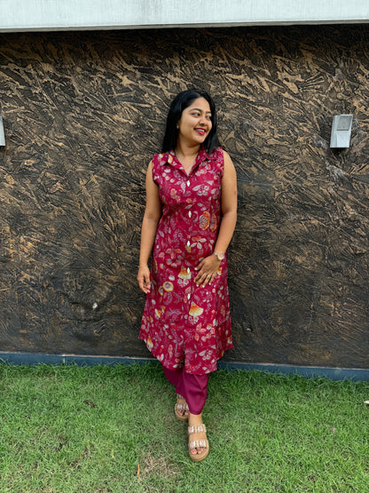 Maroon 2 piece Sleeveless Cotton Co-ord Set- A1008