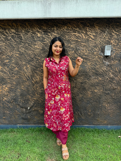 Maroon 2 piece Sleeveless Cotton Co-ord Set- A1008
