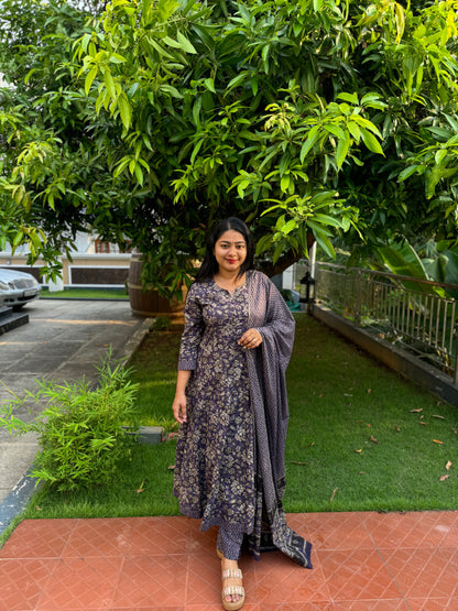 Purple with floral print soft Cotton Anarkali Salwar Set - A1009