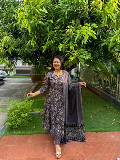 Purple with floral print soft Cotton Anarkali Salwar Set - A1009