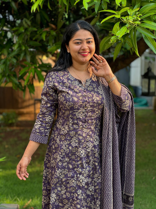 Purple with floral print soft Cotton Anarkali Salwar Set - A1009