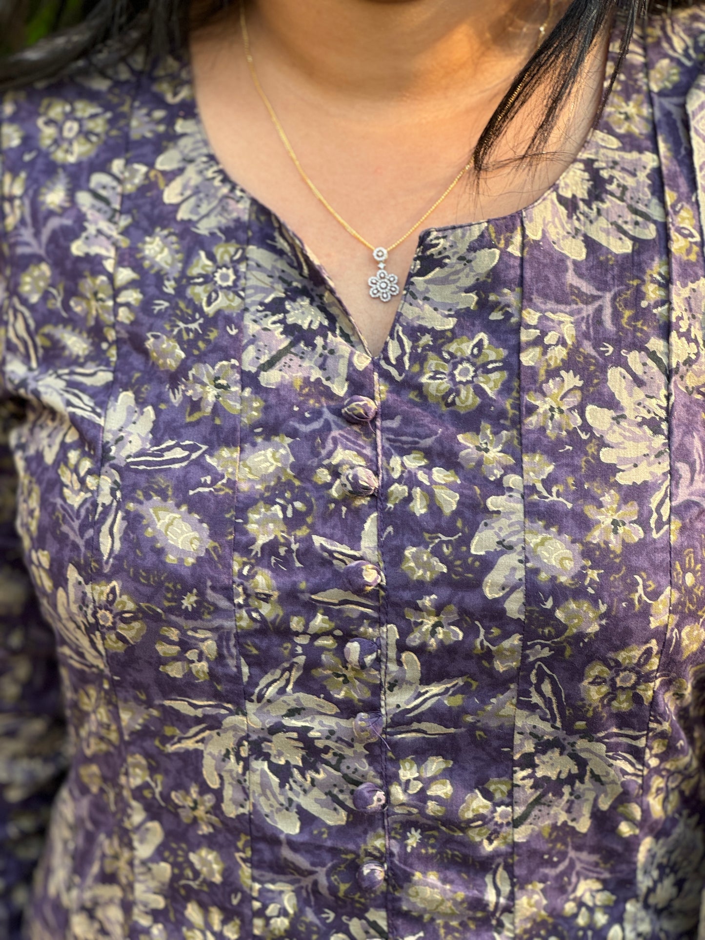 Purple with floral print soft Cotton Anarkali Salwar Set - A1009