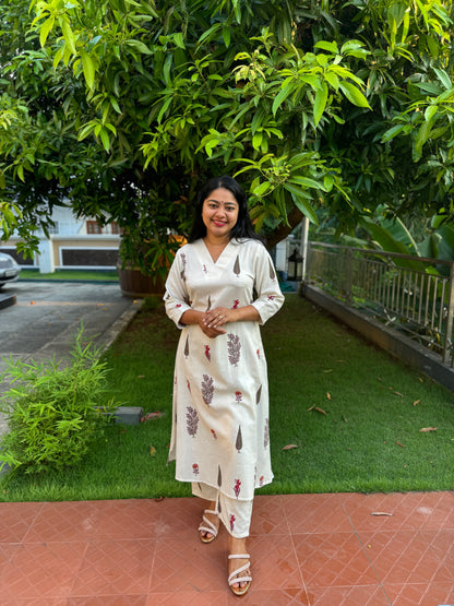 Off White 2 piece Khadi Cotton Co-ord Set- A1007