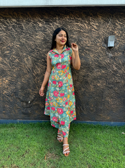 Pastel Green 2 piece Sleeveless Cotton Co-ord Set- A1006