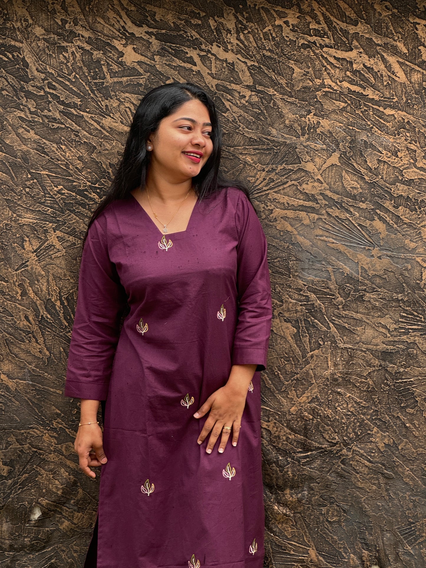 Wine Pure Cotton Slitted 2 piece Kurti with Threadwork & Pockets-A1003