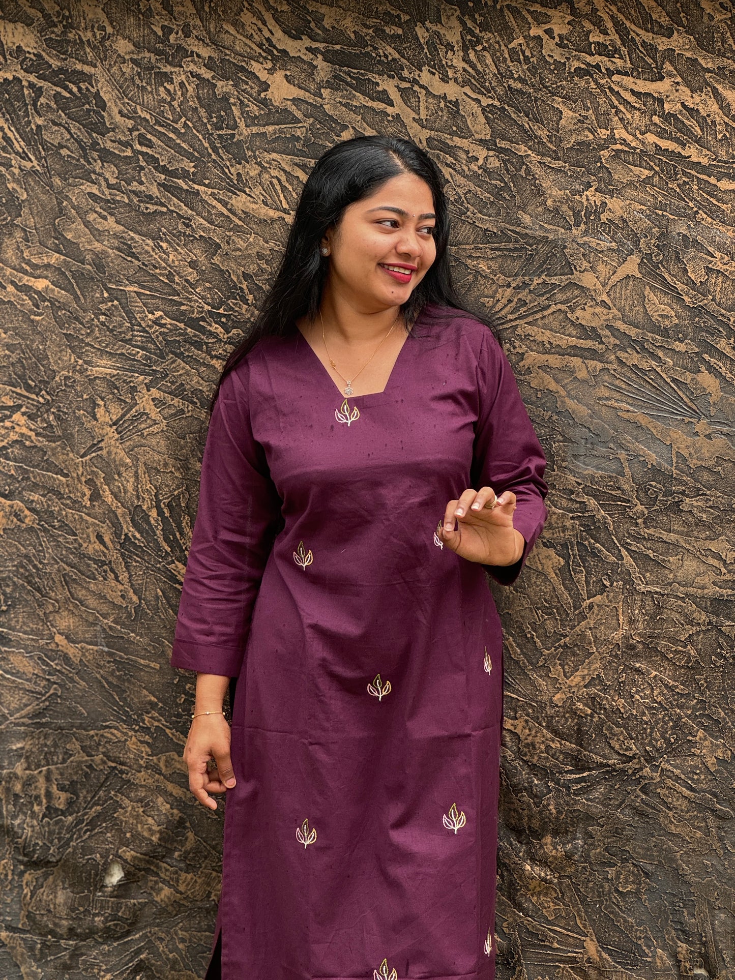 Wine Pure Cotton Slitted 2 piece Kurti with Threadwork & Pockets-A1003