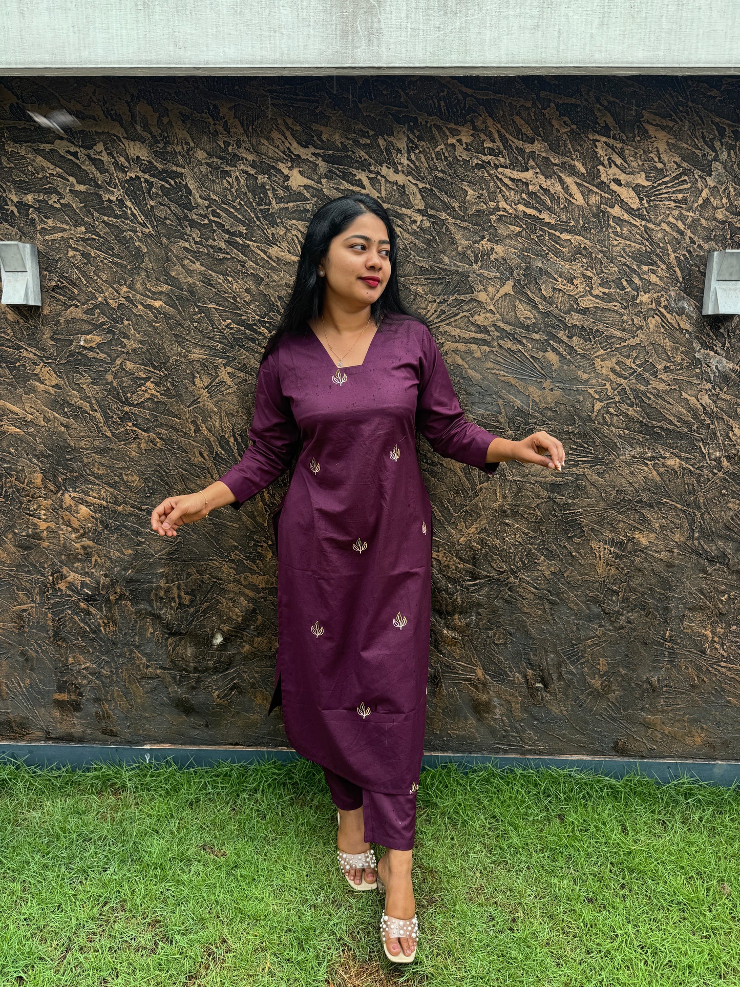 Wine Pure Cotton Slitted 2 piece Kurti with Threadwork & Pockets-A1003