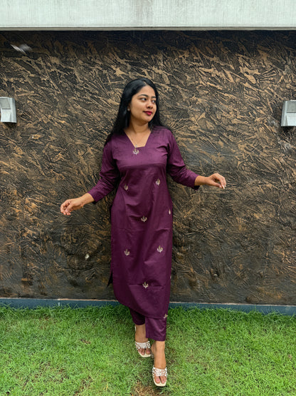 Wine Pure Cotton Slitted 2 piece Kurti with Threadwork & Pockets-A1003
