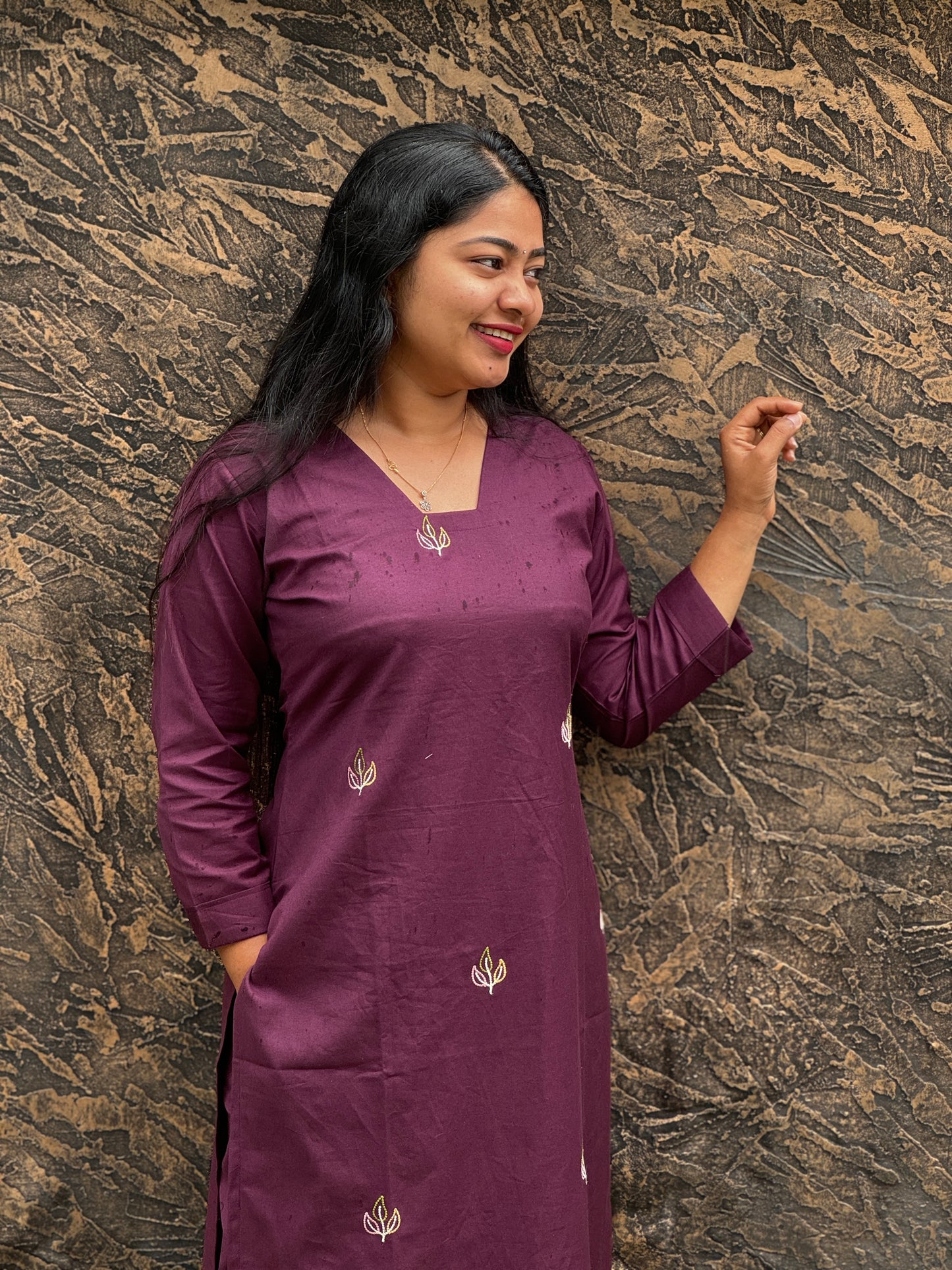 Wine Pure Cotton Slitted 2 piece Kurti with Threadwork & Pockets-A1003