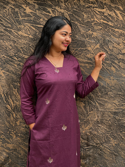 Wine Pure Cotton Slitted 2 piece Kurti with Threadwork & Pockets-A1003