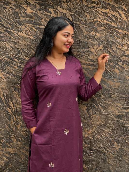 Wine Pure Cotton Slitted 2 piece Kurti with Threadwork & Pockets-A1003