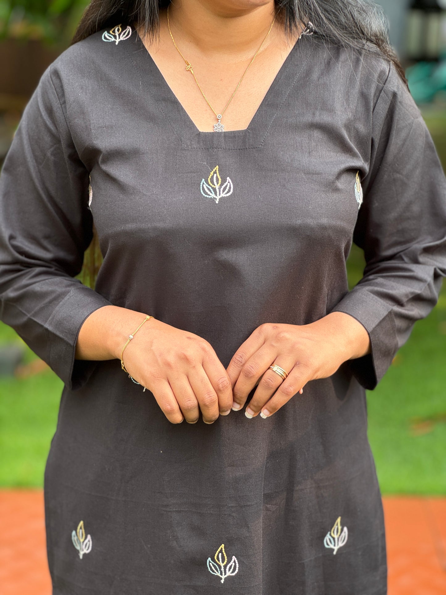 Black Pure Cotton Slitted 2 piece Kurti with Threadwork & Pockets-A1003