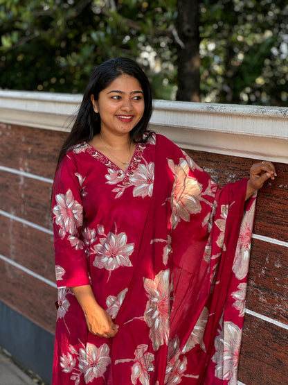 Red Wine Muslin silk 3 piece Salwar Suit-A1300