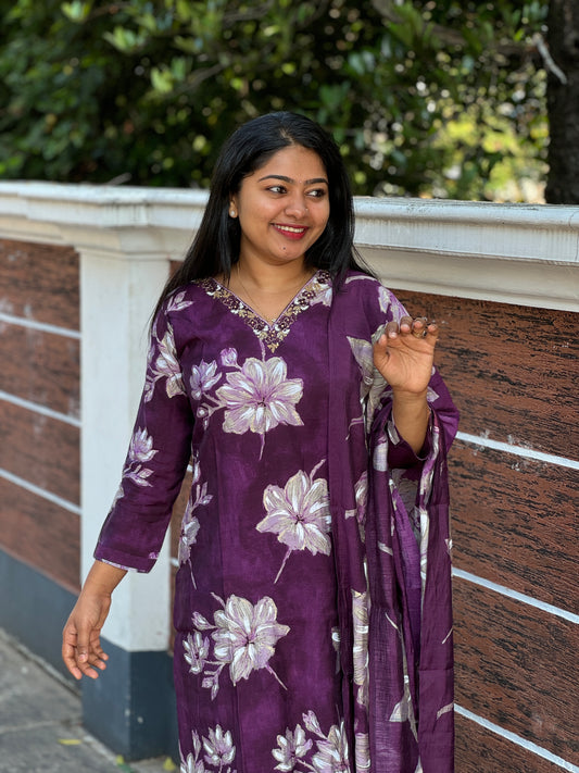 Purple Muslin silk 3 piece Salwar Suit-A1300