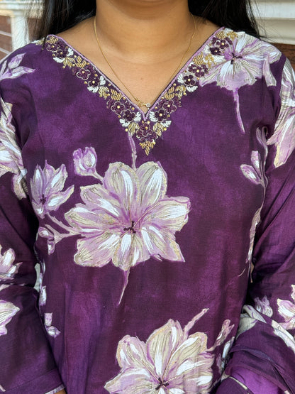 Purple Muslin silk 3 piece Salwar Suit-A1300