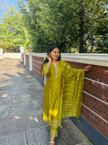 Elegant olive green & Purple  silk 3 piece Salwar Suit-A1001