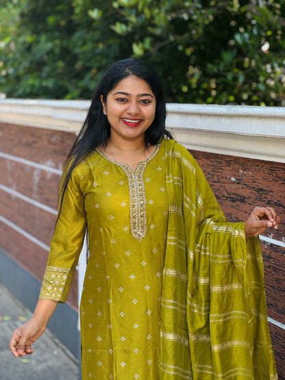Elegant olive green & Purple  silk 3 piece Salwar Suit-A1001