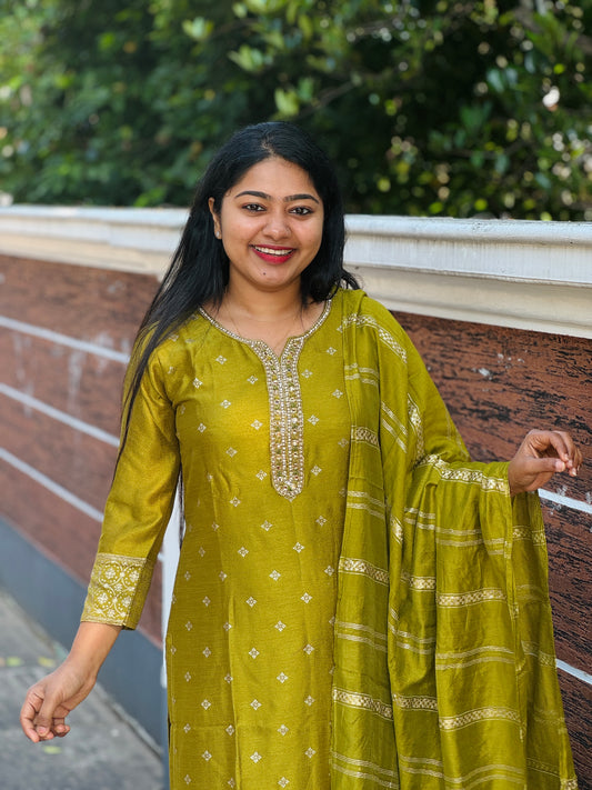Elegant olive green silk 3 piece Salwar Suit-A1001