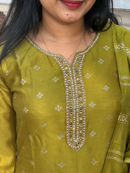 Elegant olive green & Purple  silk 3 piece Salwar Suit-A1001